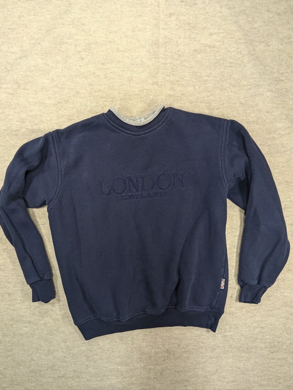 Vintage London England Embroidered Navy Double Neck Gray Pull Over Sweatshirt XL